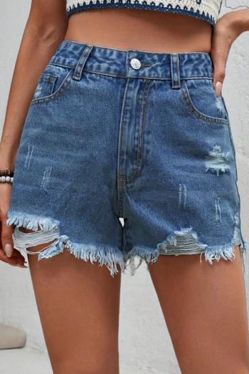 new non-stretch solid color patchwork high waist ripped denim shorts