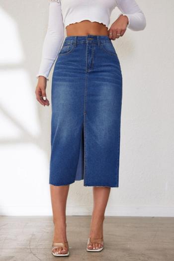 casual plus size non-stretch denim high-waist slit midi skirt