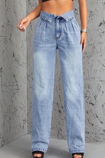 casual non-stretch patchwork pocket straight-leg loose high-waist denim pants