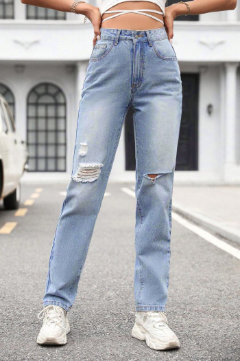 new casual non-stretch patchwork pocket ripped high waist denim pants