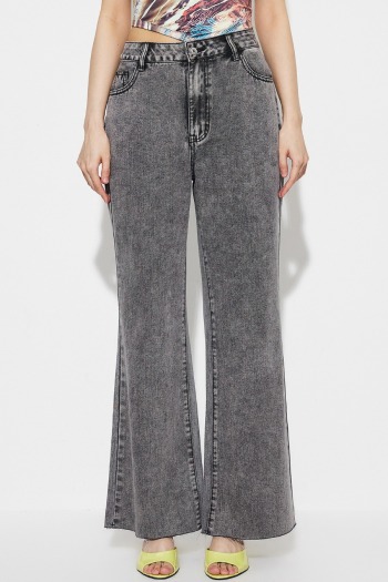 new casual non-stretch denim pocket straight leg loose high waist pants