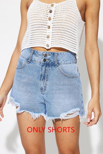 new casual non-stretch patchwork pocket high waist denim shorts