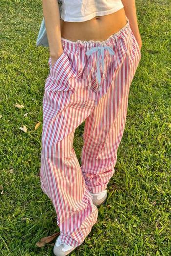 casual non-stretch striped print low waist lace splicing straight pants