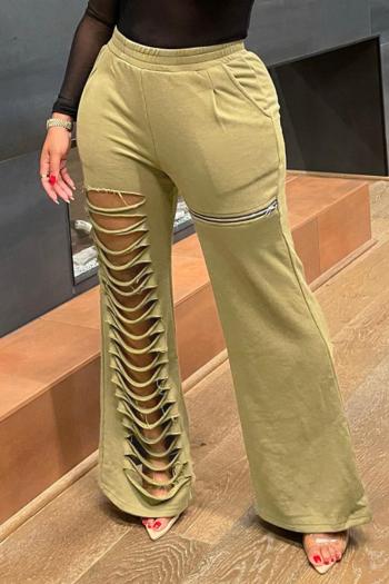 stylish slight stretch plain color cut out wide-leg pants
