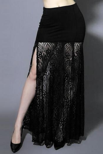sexy plus size stretch lace patchwork see-through high slit maxi skirt