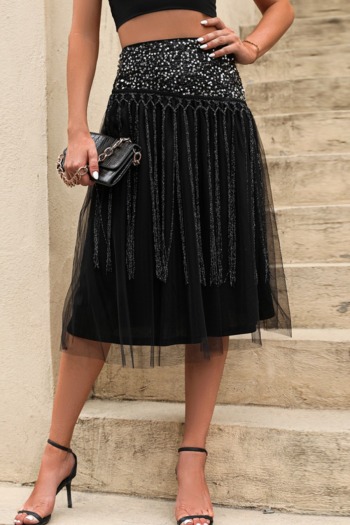 casual slight stretch black tassel sequins mesh with liner high waist midi skirt