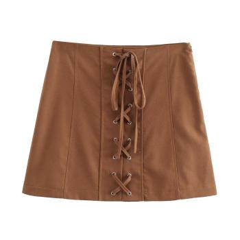 sexy non-stretch solid color lace-up high-waist mini skirt