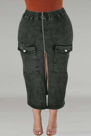 stylish plus size slight stretch denim split zip-up all-match midi skirt