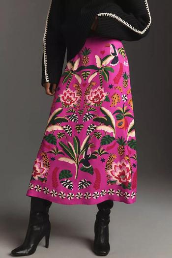 casual plus size non-stretch tropical plants printing high-waist midi skirt