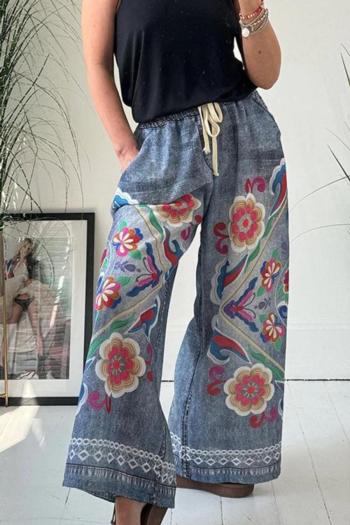 casual plus size non-stretch imitation denim flower printing high-waist pants