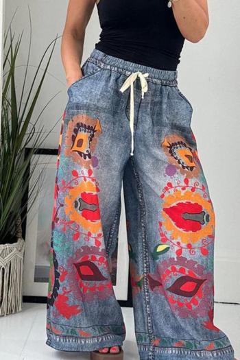 plus size non-stretch imitation denim graffiti fixed printing high-waist pants