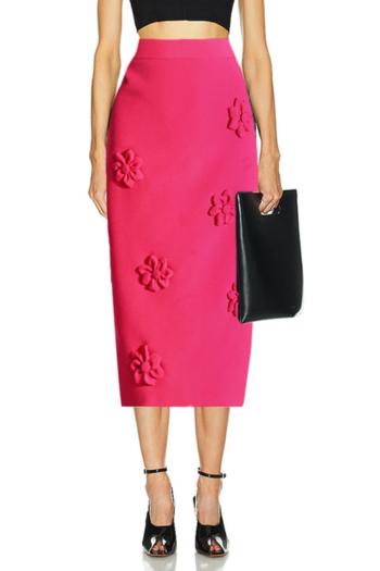 chic stylish high quality slight stretch 3d flower high waist midi skirt