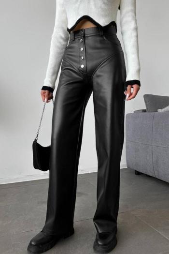 casual slight stretch pu solid color high-waist pocket pants