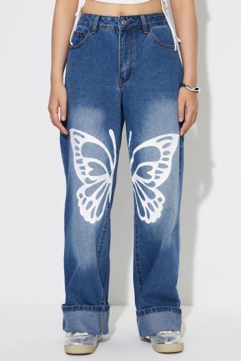 new non-stretch patchwork denim butterfly fixed printing straight jeans