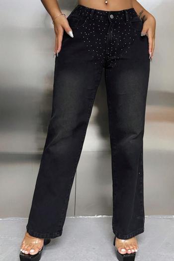 xs-xl stylish non-stretch patchwork rhinestone high-waist denim pants