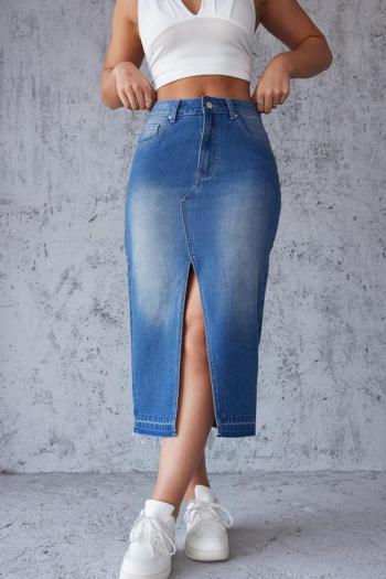 stylish non-stretch high waist slit midi denim skirt