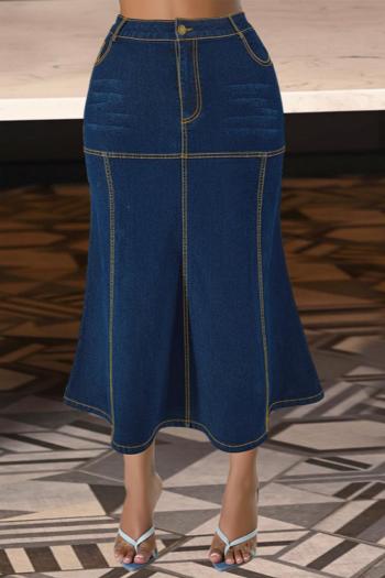casual plus size non-stretch solid color denim midi skirt