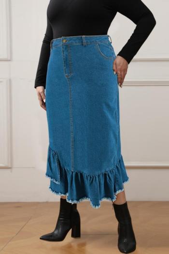 casual plus size non-stretch solid color high waist denim midi skirt