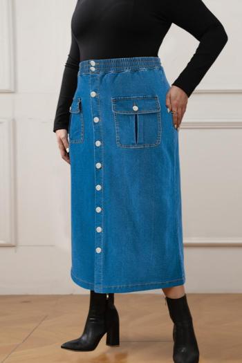 casual plus size non-stretch single-breasted high waist denim midi skirt