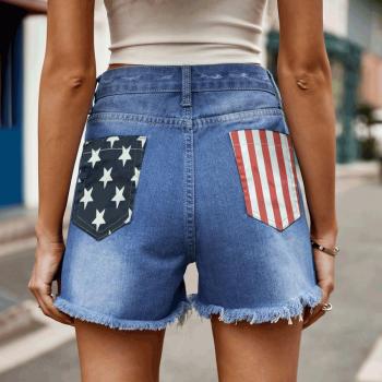 casual plus size non-stretch hole american flag print mid waist denim shorts
