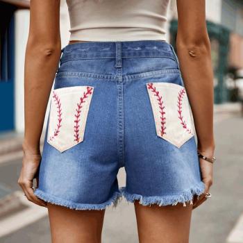 casual plus size non-stretch hole embroidered pocket mid waist denim shorts