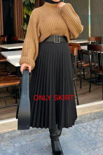 casual plus size non-stretch pleated loose zip-up midi skirt (without belt)