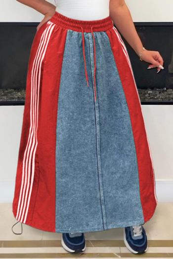 casual plus size non-stretch denim stitching drawstring maxi skirt