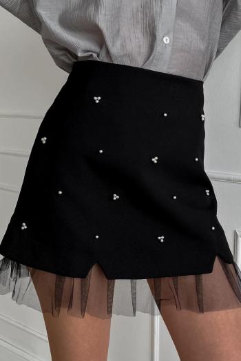 new slight stretch patchwork mesh solid color pearls mini skirts