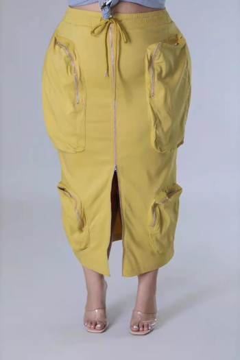new plus-size slight stretch patchwork solid color pocket zip-up midi skirts