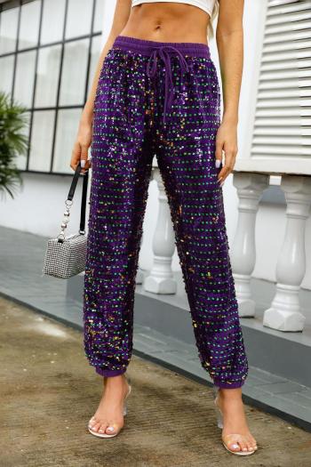 stylish plus size non-stretch sequins drawstring high waist pants