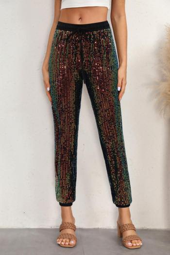 stylish slight stretch sequins drawstring mid waist pants
