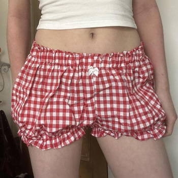 new stylish slight stretch patchwork contrast color lattice bow loose shorts