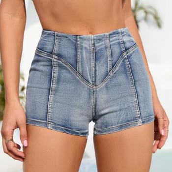 stylish plus size slight stretch high waist tight with zip-up denim shorts