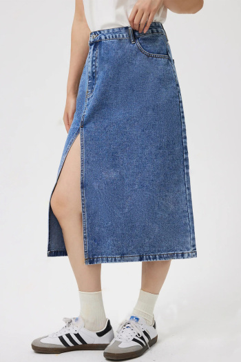 xs-xl casual non-stretch patchwork denim high-waist slit midi skirts