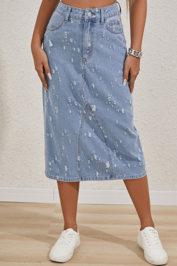 stylish plus size non-stretch denim high waist ripped all-match midi skirt