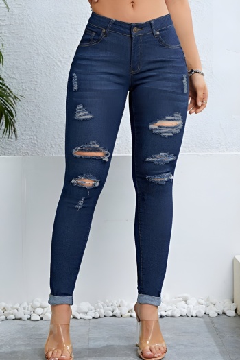 stylish slight stretch pure color ripped curved jeans