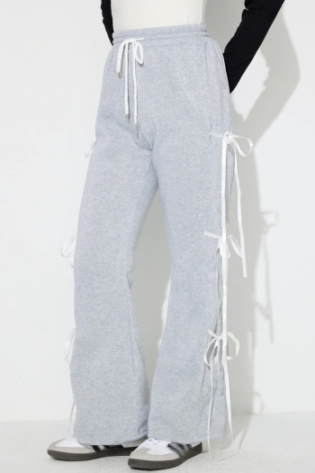 casual slight stretch patchwork lace-up bow knit all-match straight-leg pants