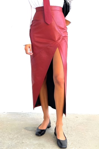 stylish slight stretch pu leather high waist all-match midi skirt
