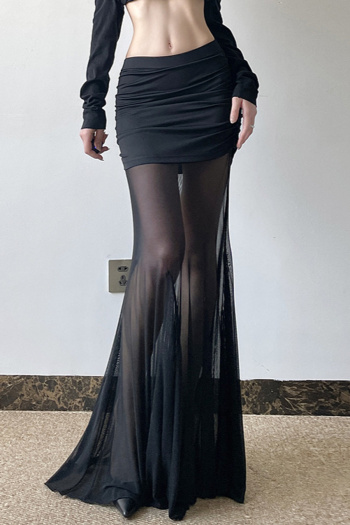 sexy slight stretch shirring mesh patchwork see-through mid waist maxi skirt