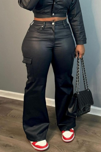 new casual plus-size slight stretch patchwork pu high-waist flared pants