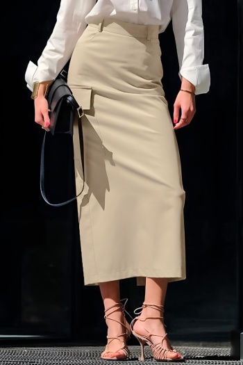 stylish non-stretch pure color high waist pocket cargo midi skirt