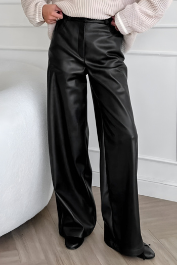 stylish non-stretch pu leather high waist wide-leg all-match pants