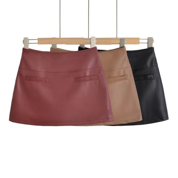 casual non-stretch pu solid color zip-up mini skirt(size run small)