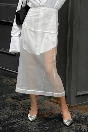 sexy non-stretch see through mesh high waist split midi skirt