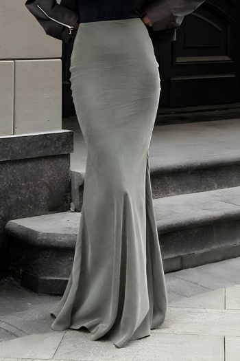 stylish slight stretch velvet pure color high waist maxi fishtail skirt