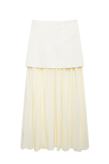 casual non-stretch high-waist stitching pleated maxi skirt