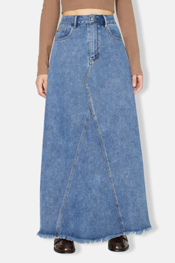 new casual no-stretch patchwork denim pocket high-waist maxi skirts