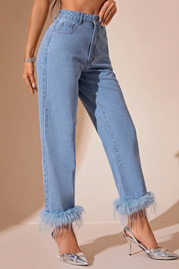 new casual no-stretch patchwork fuzzy loose high-waist denim pants