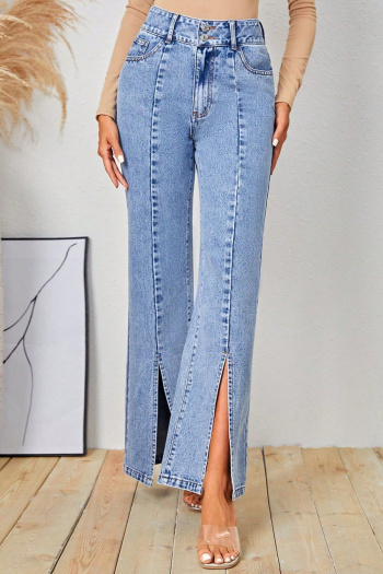 new stylish no-stretch patchwork denim slit high-waist pants