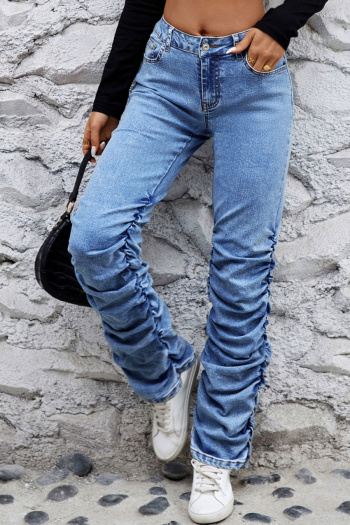 casual slight stretch patchwork pleat high-waist all-match denim pants